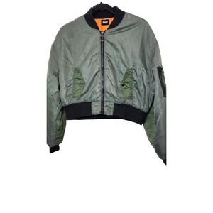 Hudson Cropped Women's M Olive Green Bomber Jacket Orange Lining & Black Ribbed